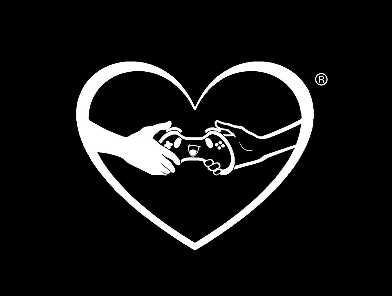 Two hands passing a video game controller inside a heart symbol on a black background.