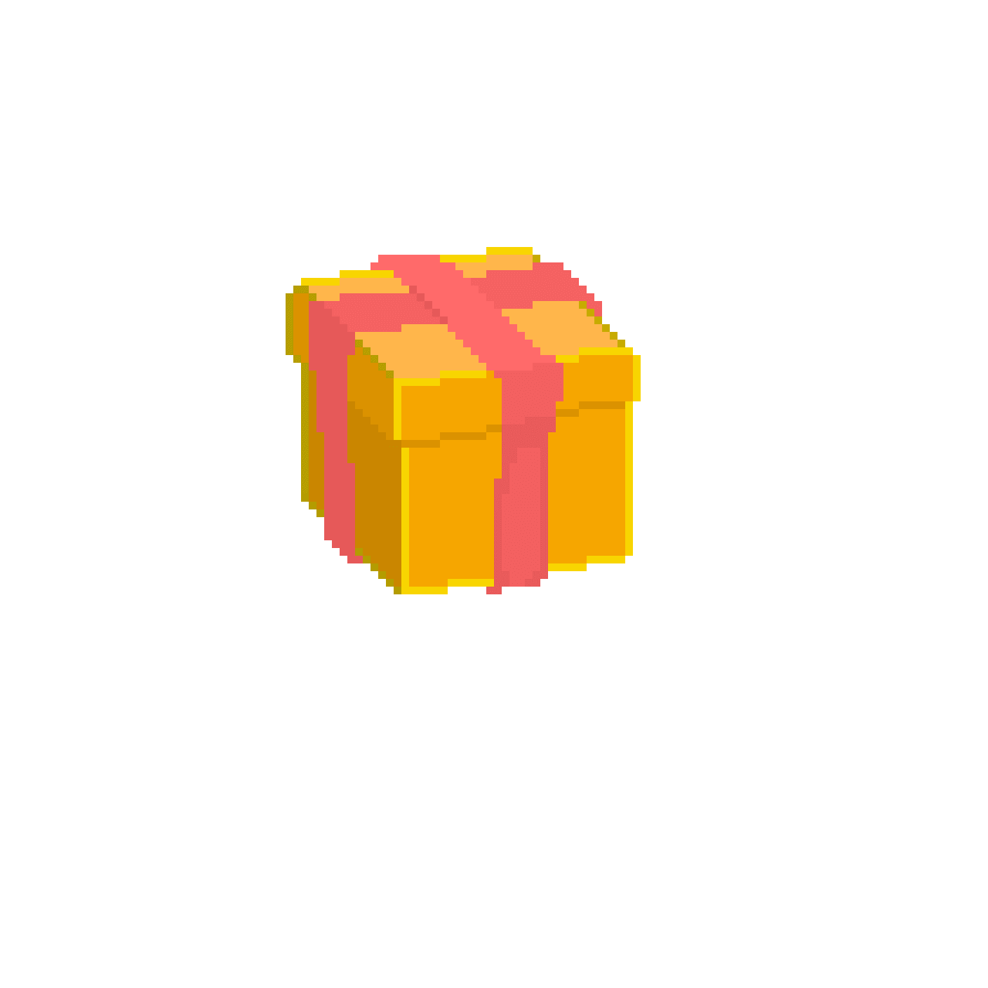 Pixelated yellow gift box with a red ribbon and bow on a black background.