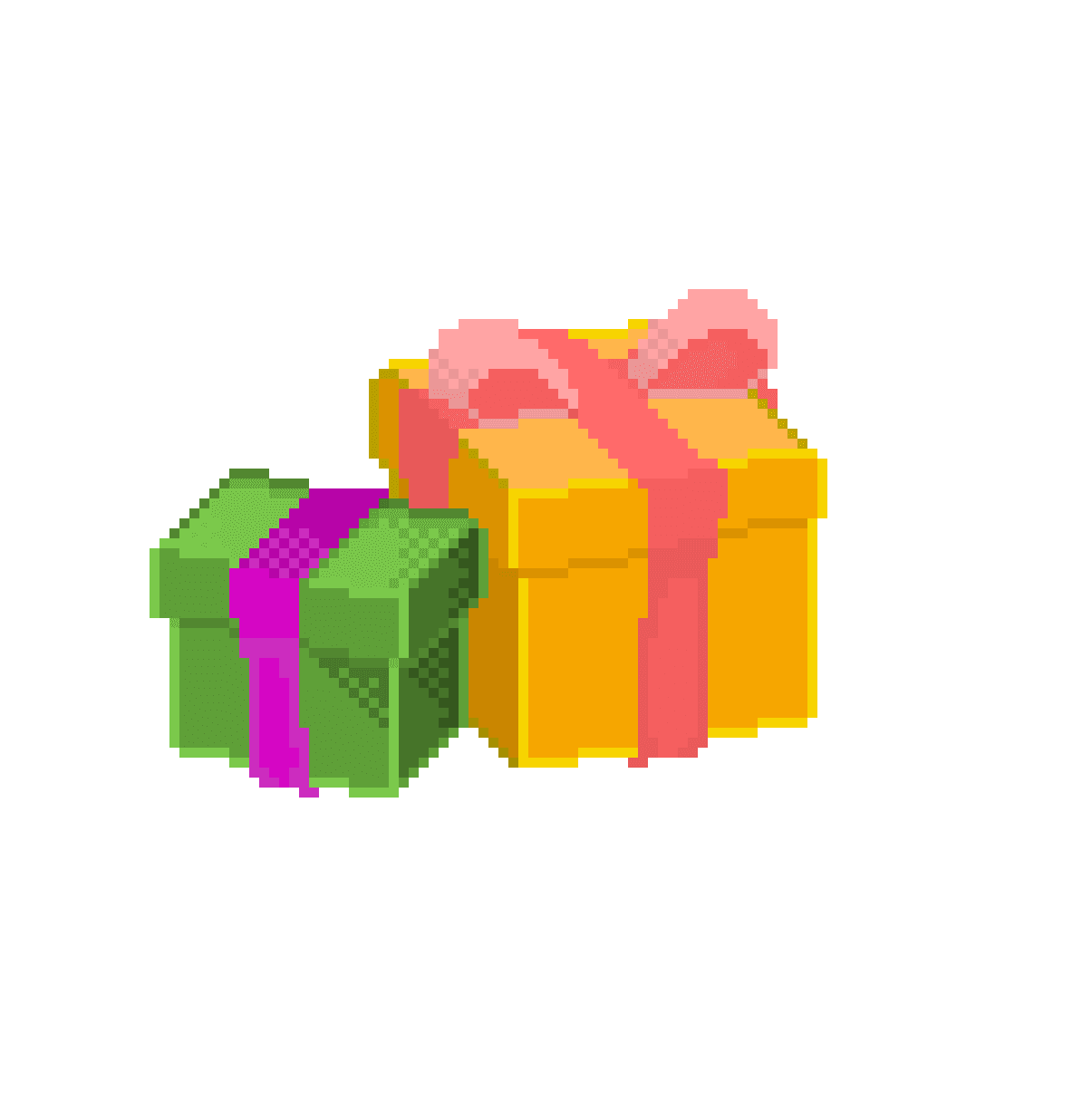 Pixel art of two gift boxes: yellow with pink ribbon and green with purple ribbon.