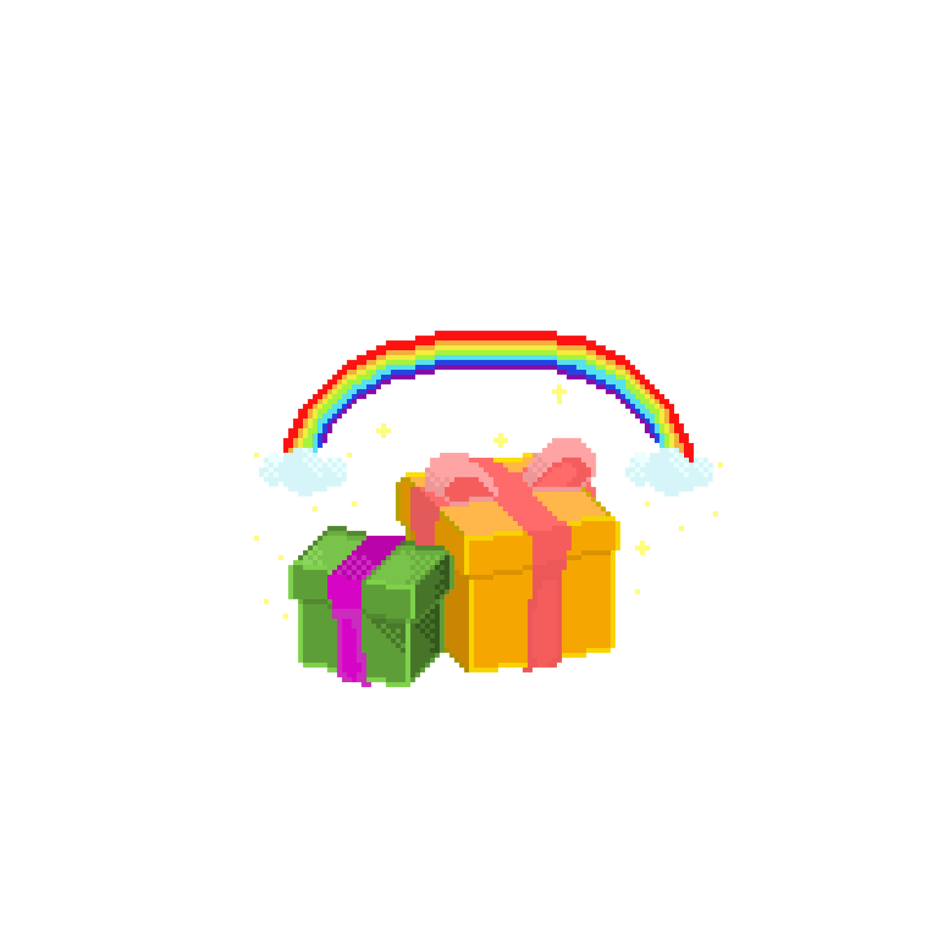 Pixelated image of two gift boxes with bows under a colorful rainbow and small sparkles.